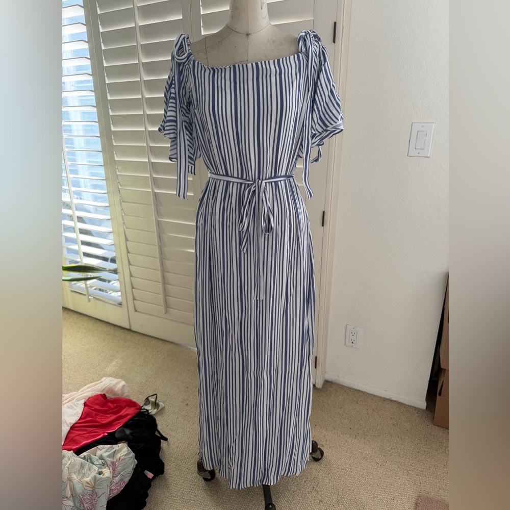 Blue and White Vertical Stripe Maxi Dress